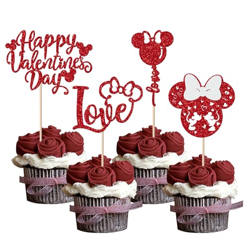 Image of Rsstarxi 24 Pack Minnie Mouse Inspired Cupcake Toppers Valentine's Day Cake Decorations Glitter Love Mouse Cupcake Picks for Happy Valentine's Day Baby Shower Birthday Wedding Party Decorations