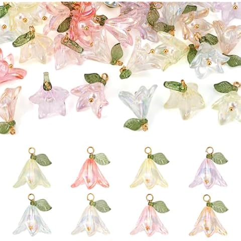 Cheriswelry 32Pcs Acrylic Flower Pendants Lily Floral Plastic Dangle Charms with Pearl Beads 20mm 8 Colors for DIY Crafts Necklace Earring Jewelry Making Decoration Cover