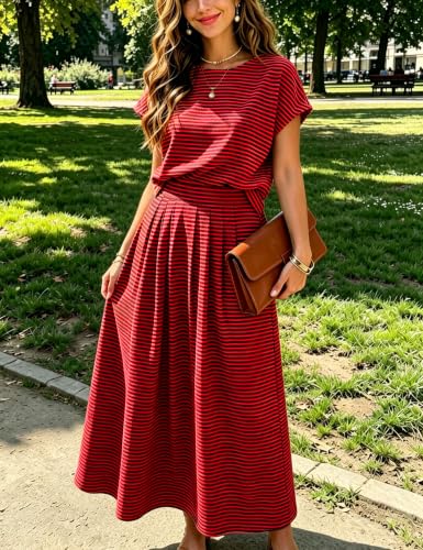 Image of Zontroldy Women's Summer 2 Piece Outfits Striped Skirt Shirt Sets Pockets