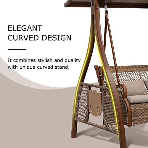 Image of PURPLE LEAF Patio Porch Swing Chair with Canopy 2 Person Hand-Woven Wicker Outside Glider w /Solar LED Light and Cushions for Backyard Loveseat Bench Outdoor Hamock Swinging Chairs