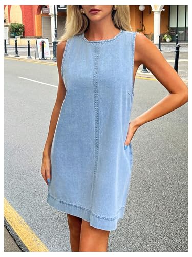 Milumia Women's A-Line Sleeveless Crew Neck Denim Dress Loose Casual Mini Jean Dresses4