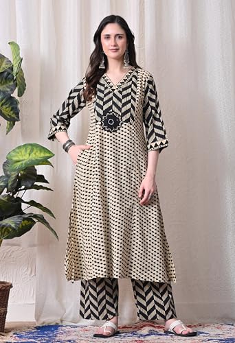 Image of MEERA FAB Women's Cotton Straight Kurta Set, Floral Print with Yoke, with Dupatta and Pants