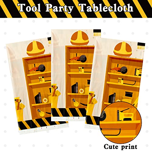 Image of 3 Packs Tool Theme Plastic Tablecloths Decoration Waterproof Rectangle Cute Tool TableCover Design with Hard Hat, Nuts, Bolts, Ladders, Spade Patterns for Kids Boys Birthday Party Supplies