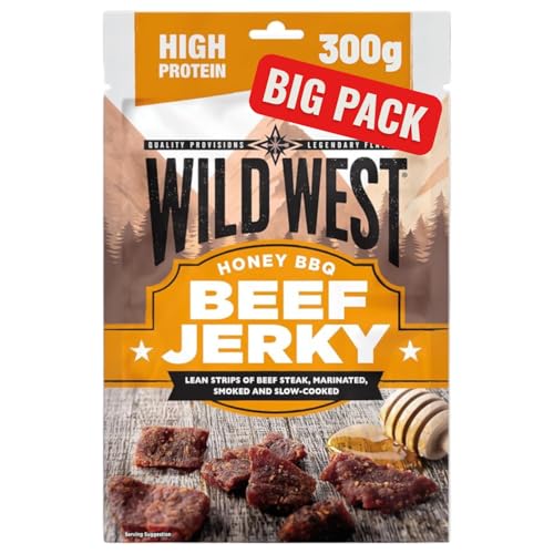 Wild West Beef Jerky, 300g Honey BBQ Rindfleisch, Beef Jerky high Protein Trockenfleisch, Protein Snack