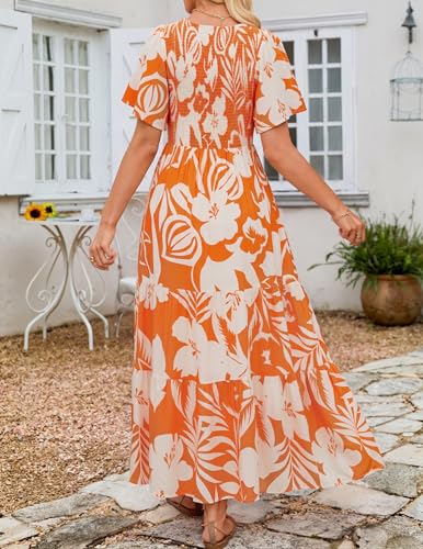 Image of ZESICA Women's 2026 Summer Boho Floral Maxi Dresses Casual Short Flutter Sleeve Smocked Tiered Flowy Dress
