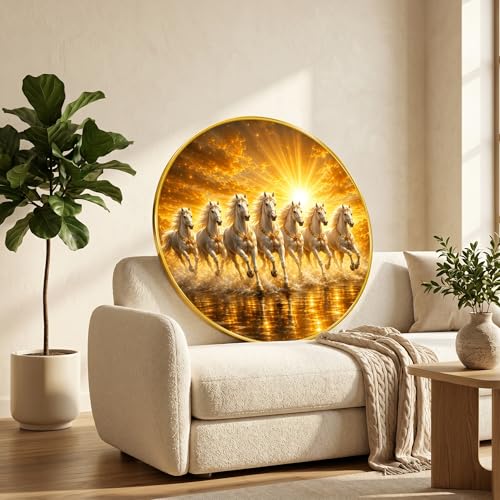 Image of SAF 7 Horse Vastu Round Wall Painting with Premium PVC Golden Frame, Golden White Running Horses Sunrise Water Art for Living Room Office Home Decor Gift (12 x 12 Inch) GRS-448