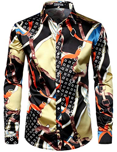 Image of ZEROYAA Men's Luxury Printed Silk Like Satin Button Down Dress Shirt for Party Prom