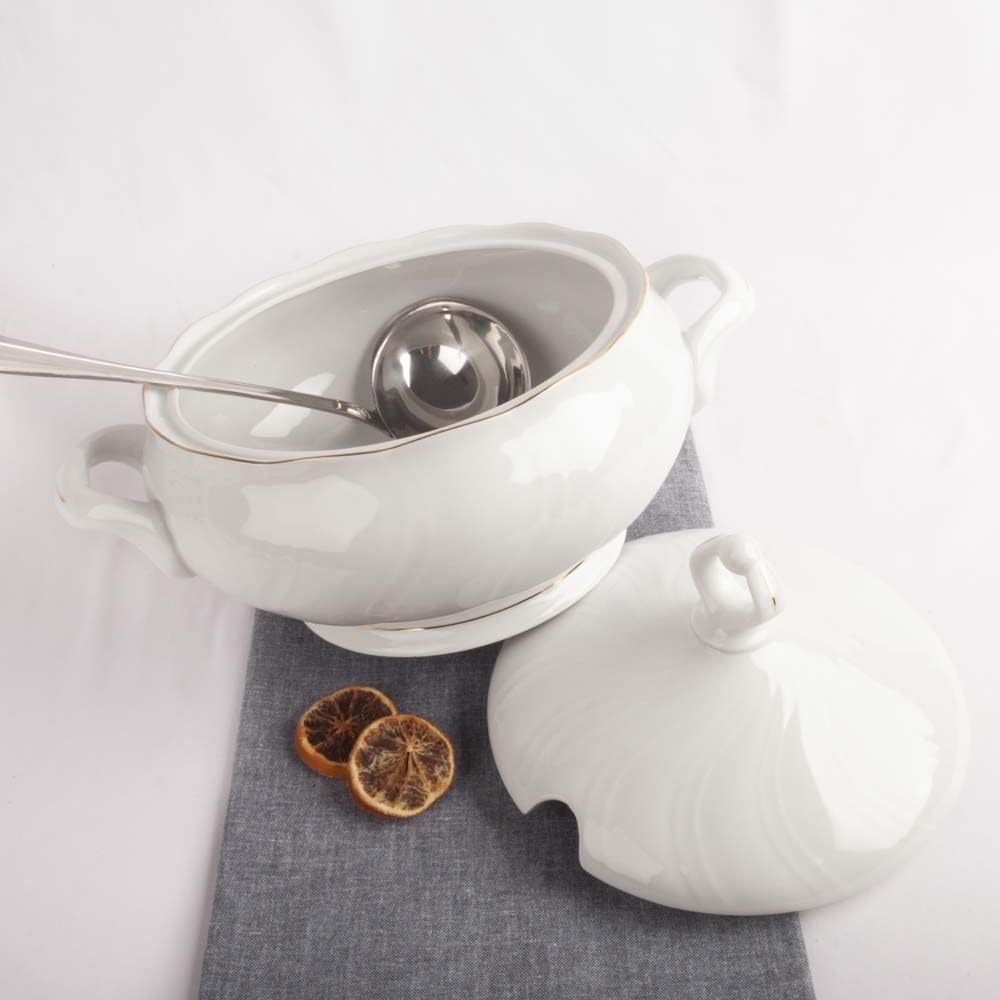 Franquihogar - Lubeck, Zuppiera in porcellana con coperchio, per zuppe, classica, con filo oro e decorazione, 1 l