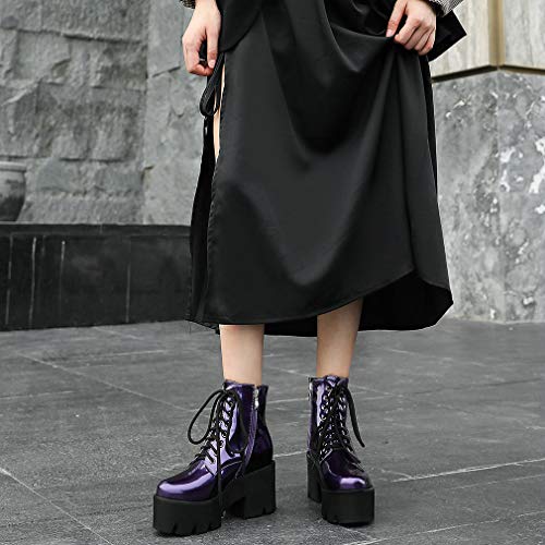 Image of Parisuit Womens Goth Patent Ankle Boots Platform Chunky Combat Boots | Lace Up, Gothic Boots, High Heel, Punk Short Booties, Buckle Boots, Chain Boots