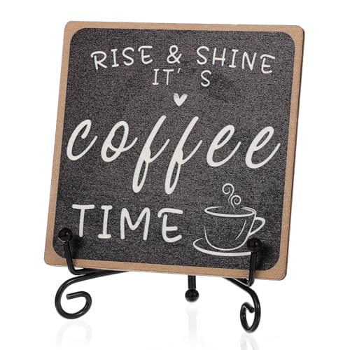 XLIUAX Coffee Bar Decor, Coffee Bar Accessories Sign for Bars Rise & Shine It's Coffees Time Decor Coffees Station Sign 4 x 4 Wood Plaque with Iron Stand Tabletop Shelf Accessories for Office Home