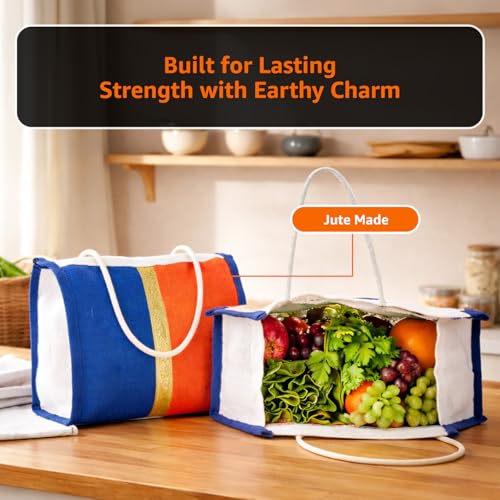 Image of Amazon Brand - Solimo Jute Thamboolam Gift Bag | Pack of 10 | Reusable & Durable | Assorted Colours Blue /Orange /Cream