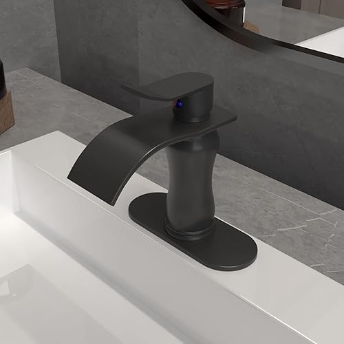 Miniatura 6 de BWE Grifo de baño negro cascada para fregadero, 1 agujero, mango único con tapón de drenaje desplegable y mangueras de suministro, piezas de granja,