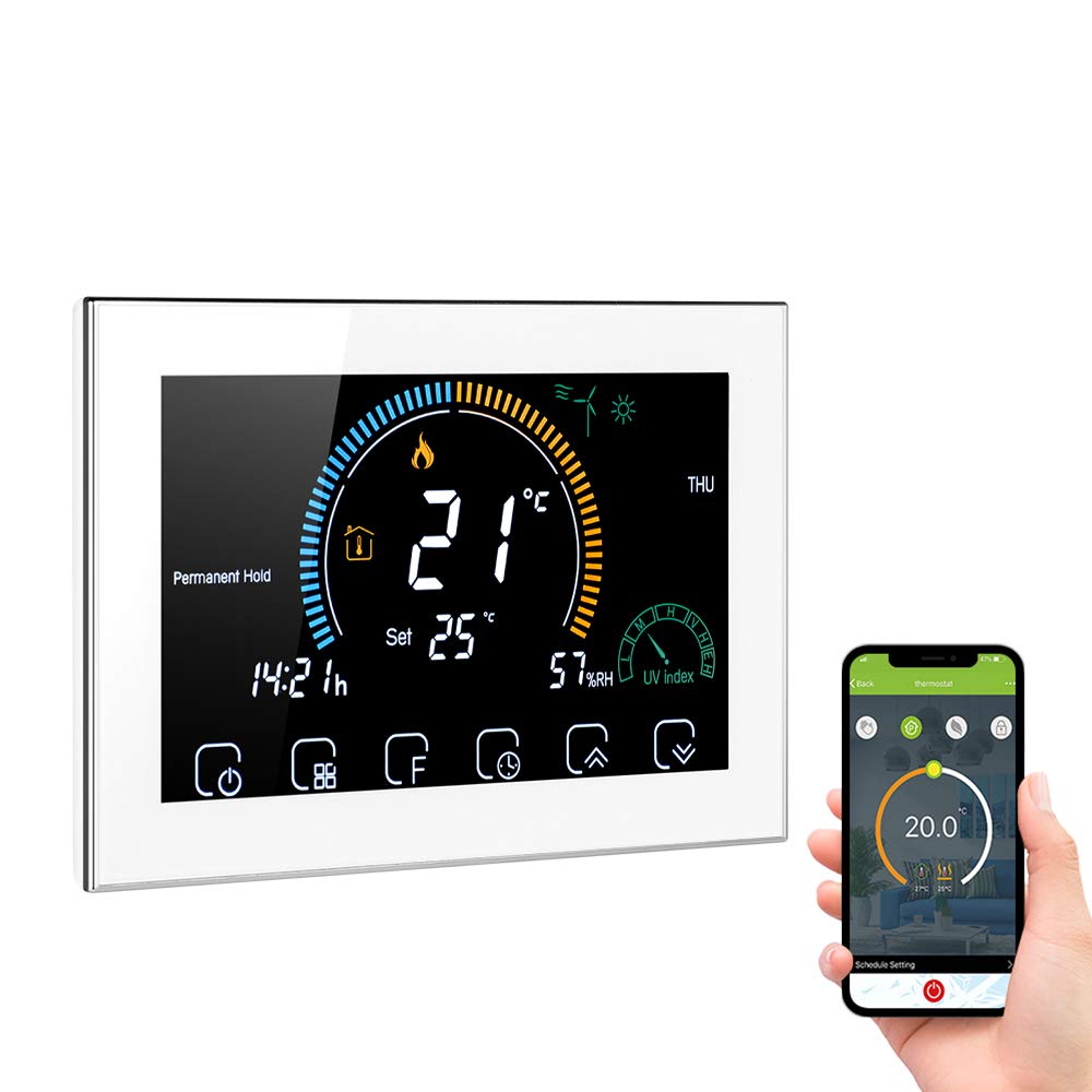 Kavolet Termostato WiFi Programmable per Caldaia Acqua/Gas LCD 5A | Smart thermostat con controllo vocale,display umidità/UV,Backlight LCD,APP remoto,con funzione di blocco del display
