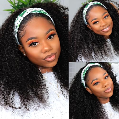 Image of Kinky Curly Headband Wigs Curly Headband Wig Human Hair for Black Women 150% Density Headband Wig Human Hair Glueless None Lace Front Wigs Headband Half Wigs Natural Color 20Inch