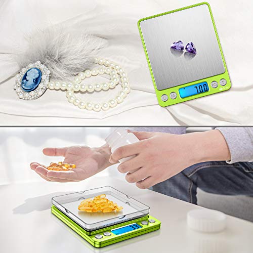 Image of AMIR Digital Kitchen Scale, 500g-0.01g Mini Pocket Jewelry Scale, Cooking Food Scale with Backlit LCD Display, 2 Trays, 6 Units, Auto Off, Tare, Stainless Steel (Battery Included)