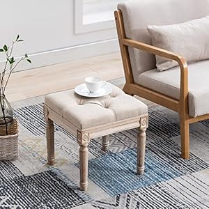 Chairus square foot stool with button tufted seat small fabric upholstered short ottoman footrest stool bench padded french accent foot rest decor with rustic wood legs for living room beige  urban country home decor