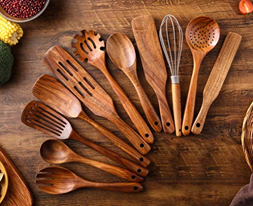 Kitchen Utensils Set, Nayahose 11 Pcs Teak Wood Cooking Utensils Spoons Spatulas Spurtles Kit Non-Stick Natural Kitchen Tools For Cooking #TOP3