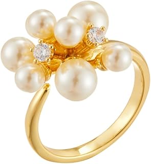 Pearl Flower Statement Ring for Women Gold-Plated Cubic Zirconia Bouquet Wrap Finger Band Promise Engagement Ring Wedding Bands