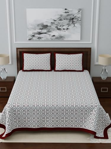 Image of LIVING ROOTS Jaipuri Hand Block Print King Cotton Bedsheet 86 * 104 inches (7 * 8.5 feet) with 2 Pillow Cover | 210 TC | Rich Fast Colour with No Colour Bleeding | (034-A)