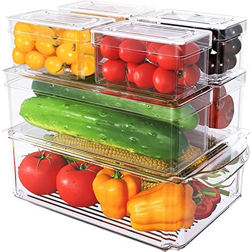 Set Of 7 Stackable Refrigerator Organizer with Lids, Fridge Organization and Storage Clear Containers, BPA-Free Plastic Pantry Bins for Fruits, Vegetable, Food, Drinks