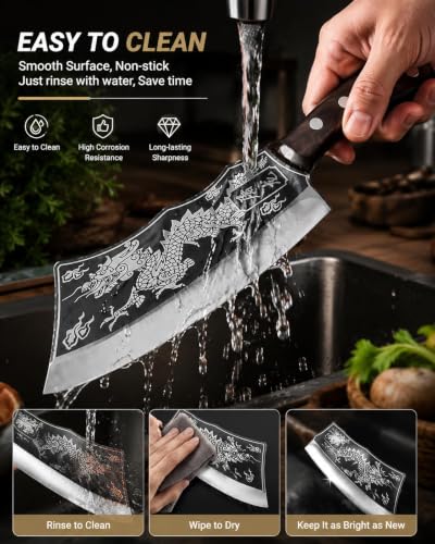 Image of Dragon Engraved Butcher Knife with Leather Sheath | High Carbon Steel Meat Cleaver | Razor Sharp Kitchen Chopper Knife for Meat, Chicken, Fish & Vegetables | Ergonomic Wooden Handle