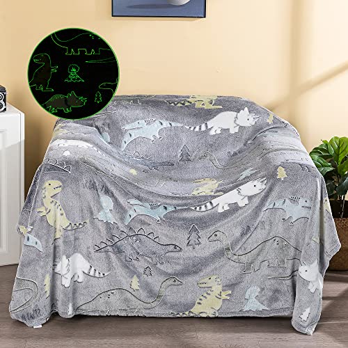 MeMoreCool Glow in The Dark Blanket for Boys Girls, Fuzzy Dinosaur Blanket Kids Throw for Bed Couch, Luminous Dino Blanket Cozy Flannel Kids Blanket Soft Throw Blanket, 50x60 Inches