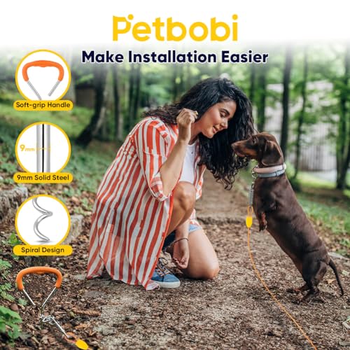 Petbobi Dog Tie Out Cable and Stake - 20ft Heavy Duty Cable with Spring, No Tangle, 16in Ground Stake for Yard, Camping and Beach, Suitable for Small Medium Dogs Up to 35lbs, Orange
