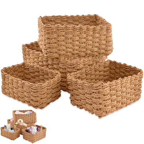 4 Piezas Cestas Almacenaje Mimbre, Cesto Almacenamiento Trenzadas Apilables, Cesta Organizadoras Cuerda Papel Prácticas, Cajas Decorativas para Organización Salones, Cocina, Habitación, Cajones, Baño