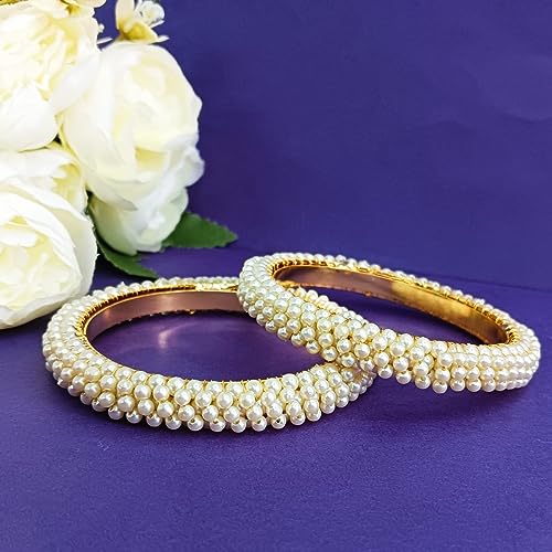 Efulgenz Indian Bangles for Women Pearl Beaded Bracelet Bollywood Traditional Faux Pearl Bangle Set Bridal Wedding Party Fashion Statement Jewelry for Women (2 Pcs)2