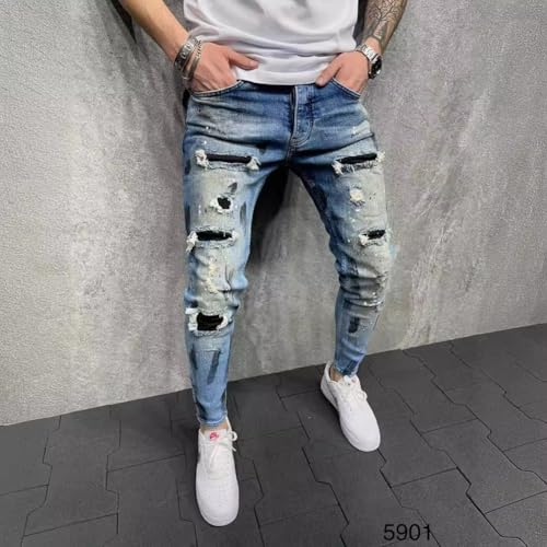Mens Skinny Jeans Slim Fit Stretchy Ripped Destroyed Streetwear Patchwork Denim Pants3
