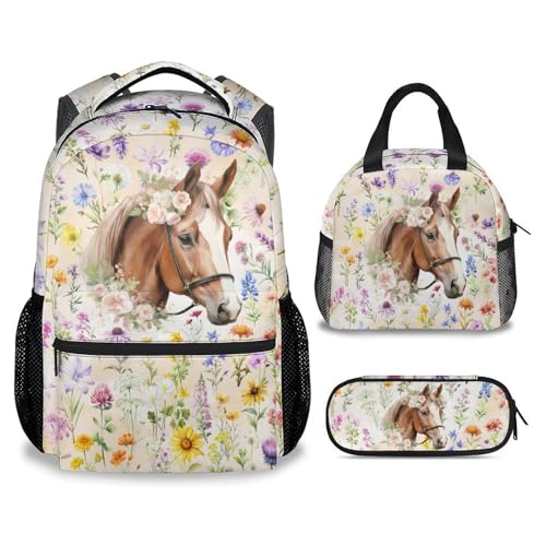 School Backpack with Lunch Box Set for Kids, 3Pcs Horse Backpacks Matching Combo for Girls, Cute Bookbag and Pencil Pouch Bundle for Elementary
