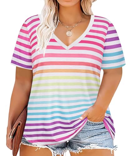Image of CARCOS Plus Size Tops for Women Short Sleeve Shirts Basic Tee Solid Color Blouse V Neck Tunic Loose Fit Tshirts Summer XL-5XL