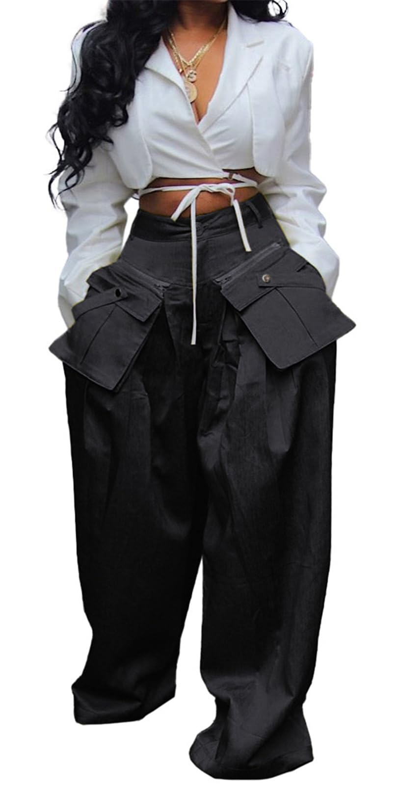 Qikaka Womens High Waist Removable Pockets Bodycon Wide Leg Sexy Nightclub Party Casual Pants