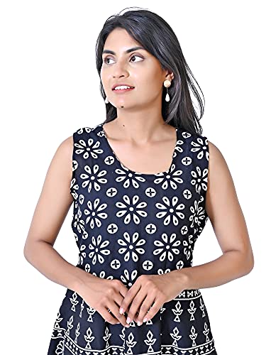 Image of Women's Cotton Printed Traditional Long Midi Maxi Kurti /One Piece Dress (Black Flower)