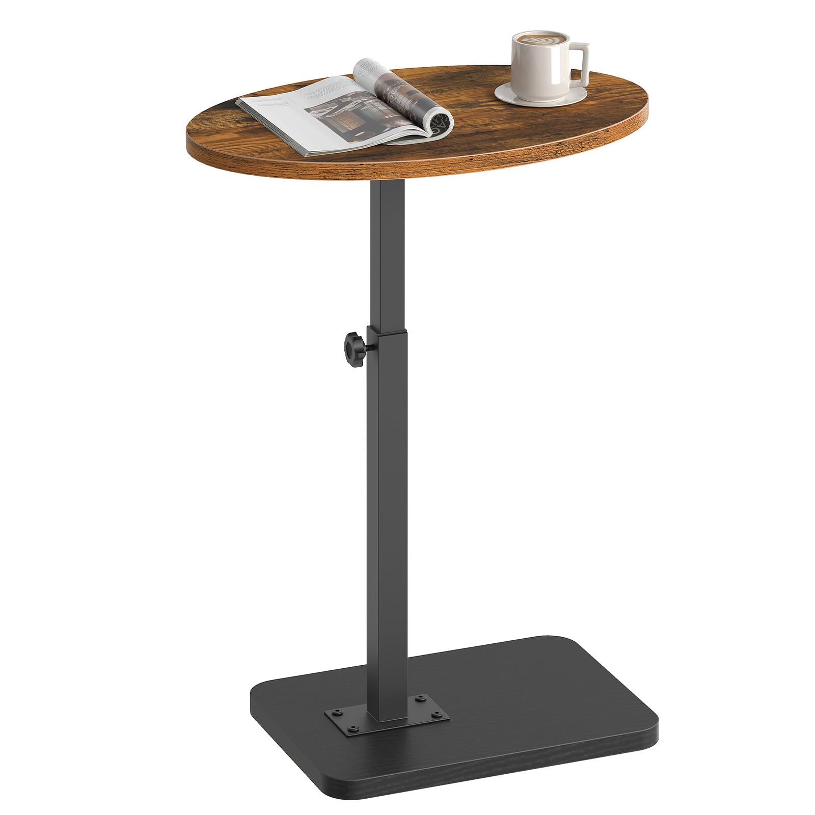 HOOBRO C Shaped Side Table, Height-Adjustable Small Sofa Table, Oval Bedside Table Small Table for Living Room and Bedroom, Rustic Brown and Black EBF80SF01
