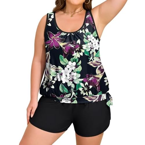 Arolina Blouson Tankini Swimsuits for Women Two Piece Modest Bathing Suit (S-24W) 18 Plus Pink Green Floral
