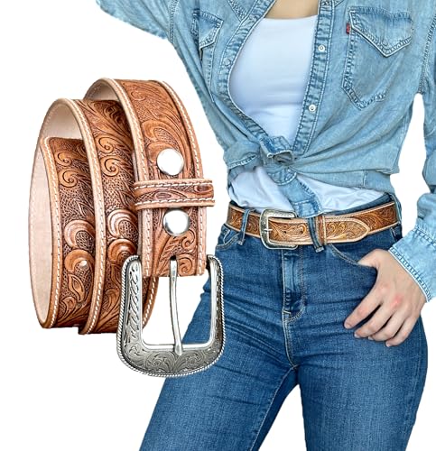 DANIEL'S ARTPLANET Women’s Western Leather Belt Cowgirl Belt For Jeans Pants Dresses Engraved Tooled Ladies Western Belt