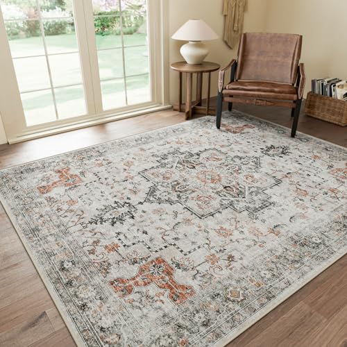 GENIMO 8x10 Area Rugs for Living Room, Machine Washable Non Slip Vintage Retro Rugs, Low Pile Lightweight Chenille Print Rug for Bedroom, Dining Room, Home Office, Light Taupe Brown