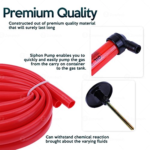 Zone Tech Siphon Fuel Liquid Transfer Pump Kit – Multi-Use Hand Gasoline, Oil, Liquid And Air Pump – Red Travel Emergency Manual Vehicle Car Tool #TOP4