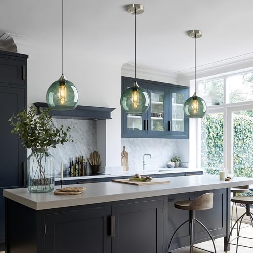 Image of Gray Green Glass Pendant Lights Kitchen Island Lighting Globe Pendant Light Fixtures Modern Pendant Lighting for Kitchen Island Bedroom Living Dining Room Light Fixture(7.87in, 3-Pack)