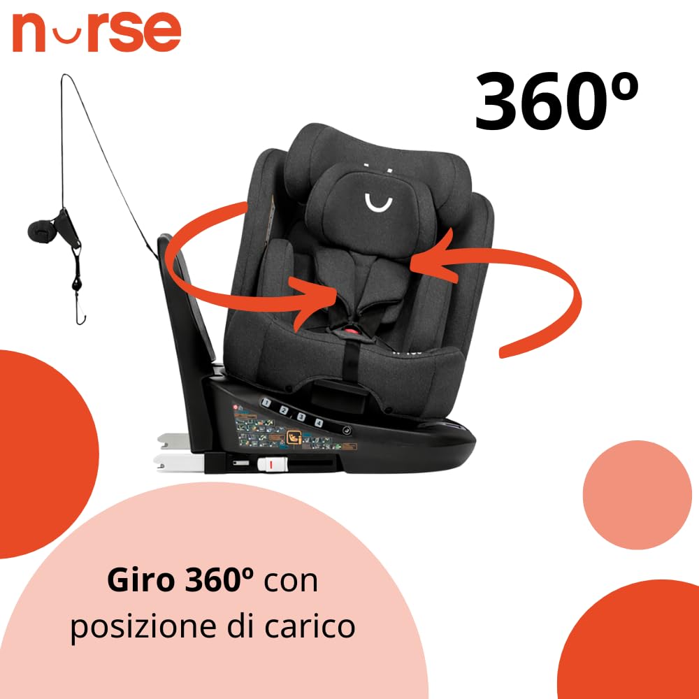 Nurse Scala Silla de Coche i-Size 40–150 cm, Giratoria 360º, ISOFIX con Top Tether, A Contramarcha y A Favor de la Marcha, Protección Lateral, Negro