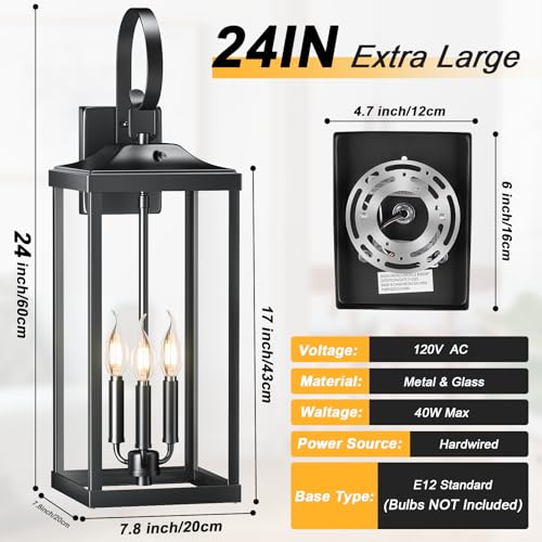 Image of 24 inch Extra Large Dusk to Dawn Exterior Lighting Fixtures, Front Porch Lights | Waterproof Outdoor Wall Lights Exterior Lighting Fixtures, Rust Proof Outside Wall Lanterns 3-Light for Garage, Black, 2-Pack