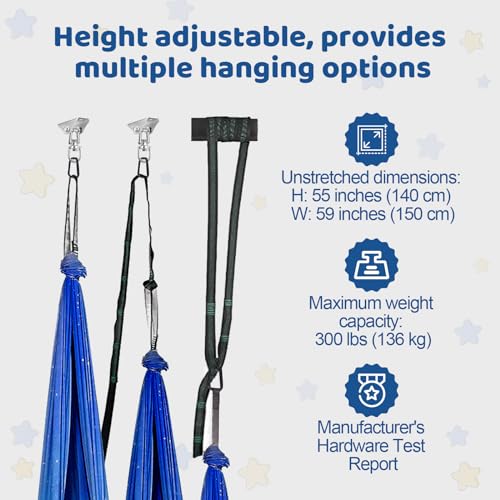 HiCamer Double Layer Sensory Swing for Kids & Adults Holds up to 300lbs Indoor and Outdoor Therapy Cuddle Swing with 360° Swivel Hanger Kit Adjustable with Aspergers Autism ADHD (Star Blue)