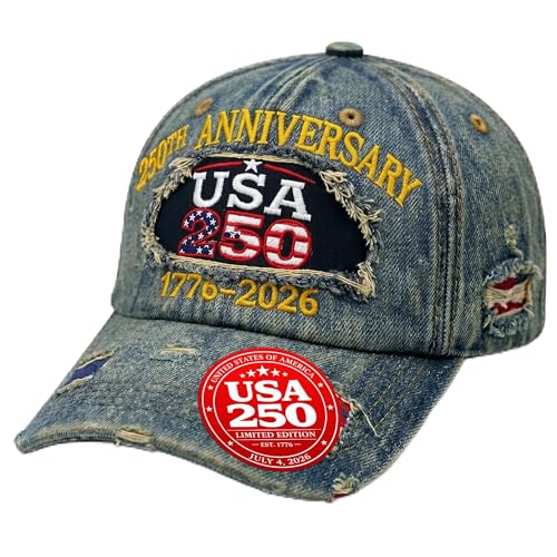 Jester Fiesta USA 250th Anniversary Hat 17762026 - Blue - Distressed Ripped Baseball Cap with Embroidered Design - Adjustable Metal Buckle - Independence Day July 4th Patriotic Cap