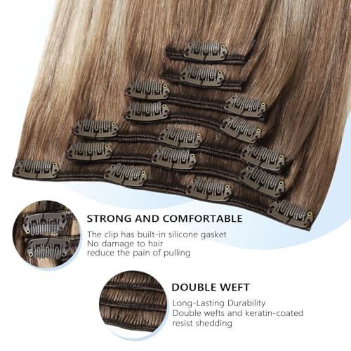 Image of COOKAYU Clip in Hair Extensions Human Hair, 8 /60 Ash Brown to Platinum Blonde Ombre Real Hair Extensions Clip in Human Hair, 14inch 120g 7Pcs