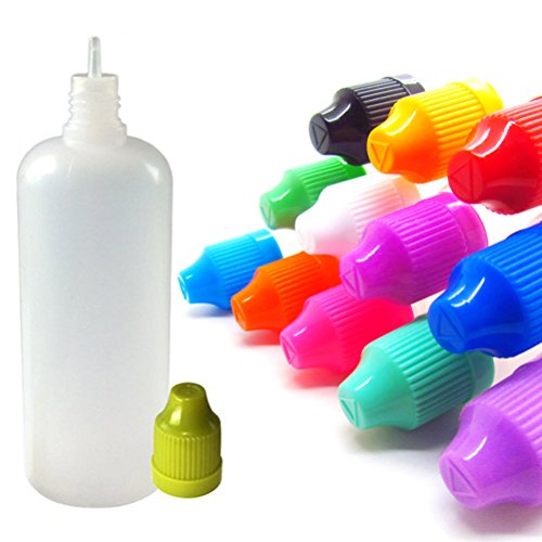 120mL LDPE Plastic Thin Tip Dropper Bottles - 12 Colors Childproof Cap Free Mini Funnel Squeezable Bottles (12 Pack, Multi Color Caps)