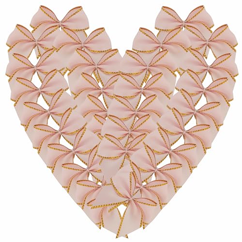 Micomon 50pcs 1.6-Inch Mini Ribbon Bows for Crafts Small Gold Edge Pink Ribbon Bows Christmas Decoration Embalishement(Light Pink)