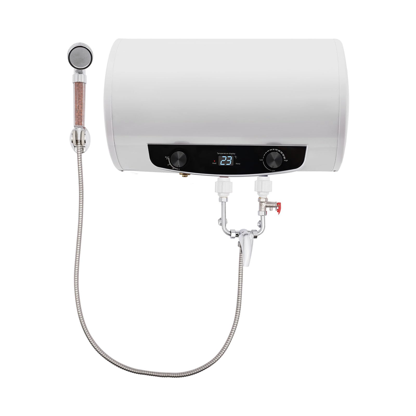Scaldacqua calda da 35 l, 2000 W, montaggio a parete, serbatoio smaltato, IPX4, impermeabile, scaldabagno elettrico, regolatore di temperatura 25-75 °C, con rubinetto, doccetta e 3 tubi flessibili per