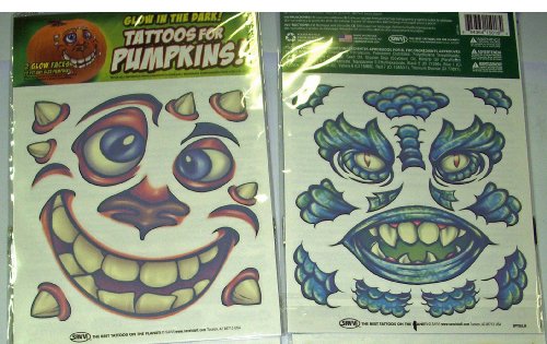 Glow in The Dark! Tattoos for Pumpkins! - 2 Glow Faces to Fit Any Size Pumpkin
