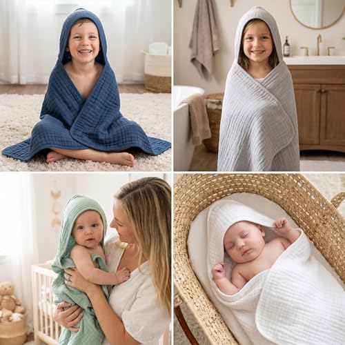Image of Peryiter 6 Pcs Muslin Hooded Baby Towels, 32 inchx 32 inch Cotton Newborn Bath Towel Muslin Infant Baby Blankets Absorbent Unisex Newborn Registry Gift Essentials for Girls Boys (Blue Series)